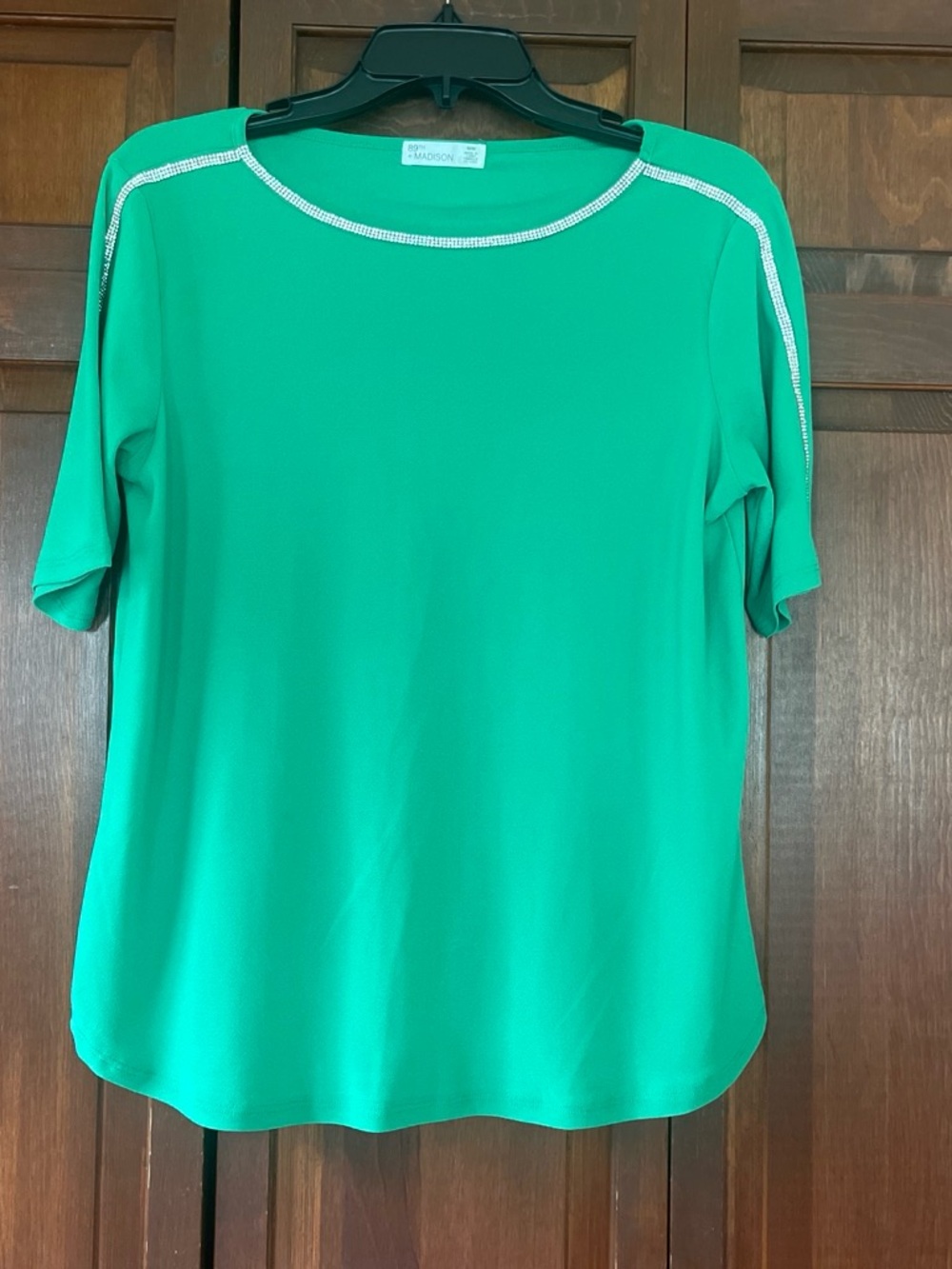 89th & Madison Green Short Sleeve Top with Rhinestone Trim